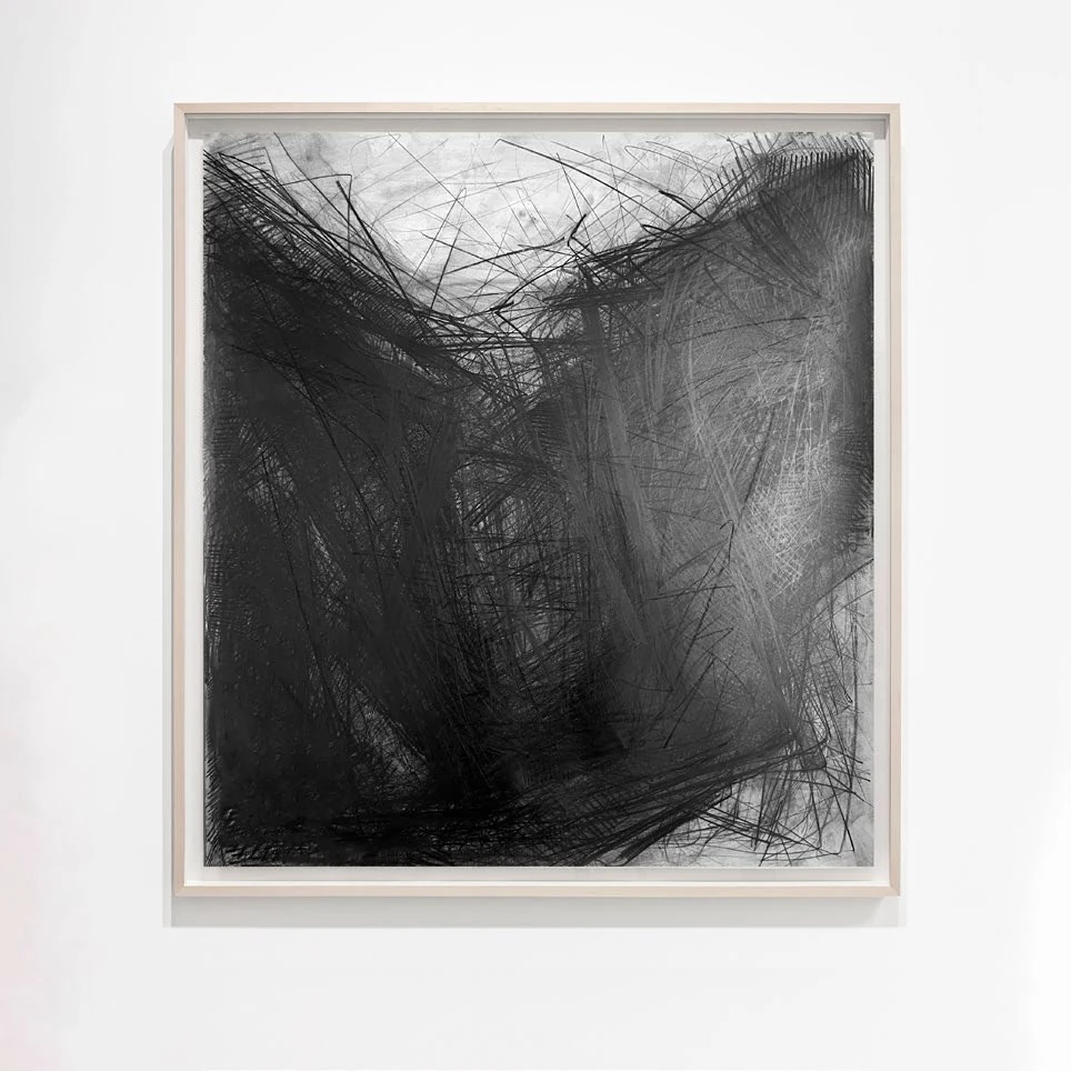 Dark graphite drawing with dense gestural marks