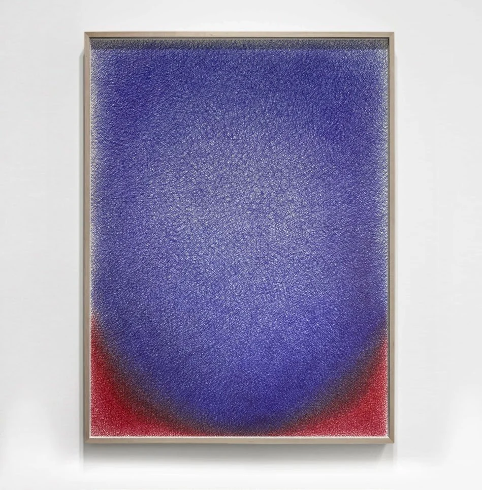 Blue and red ballpoint pen drawing with a rounded field
