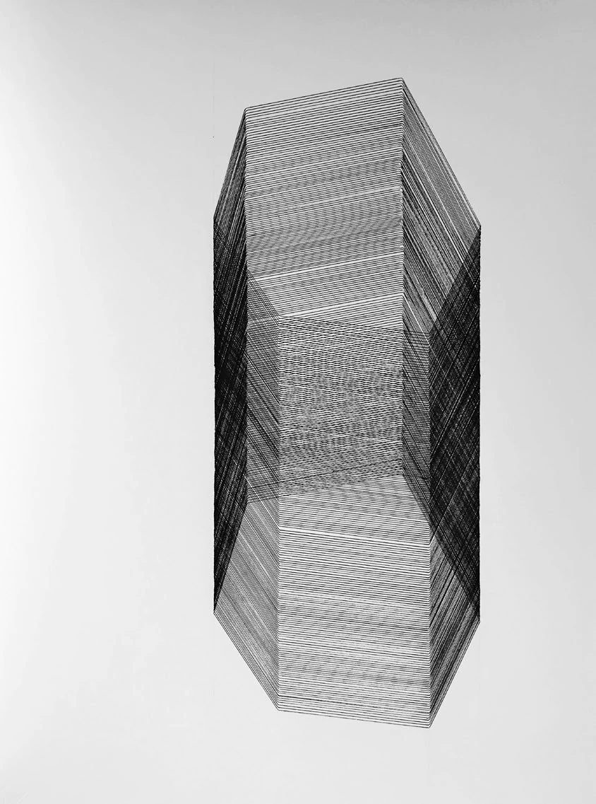 Geometric black ink drawing built from repeated lines